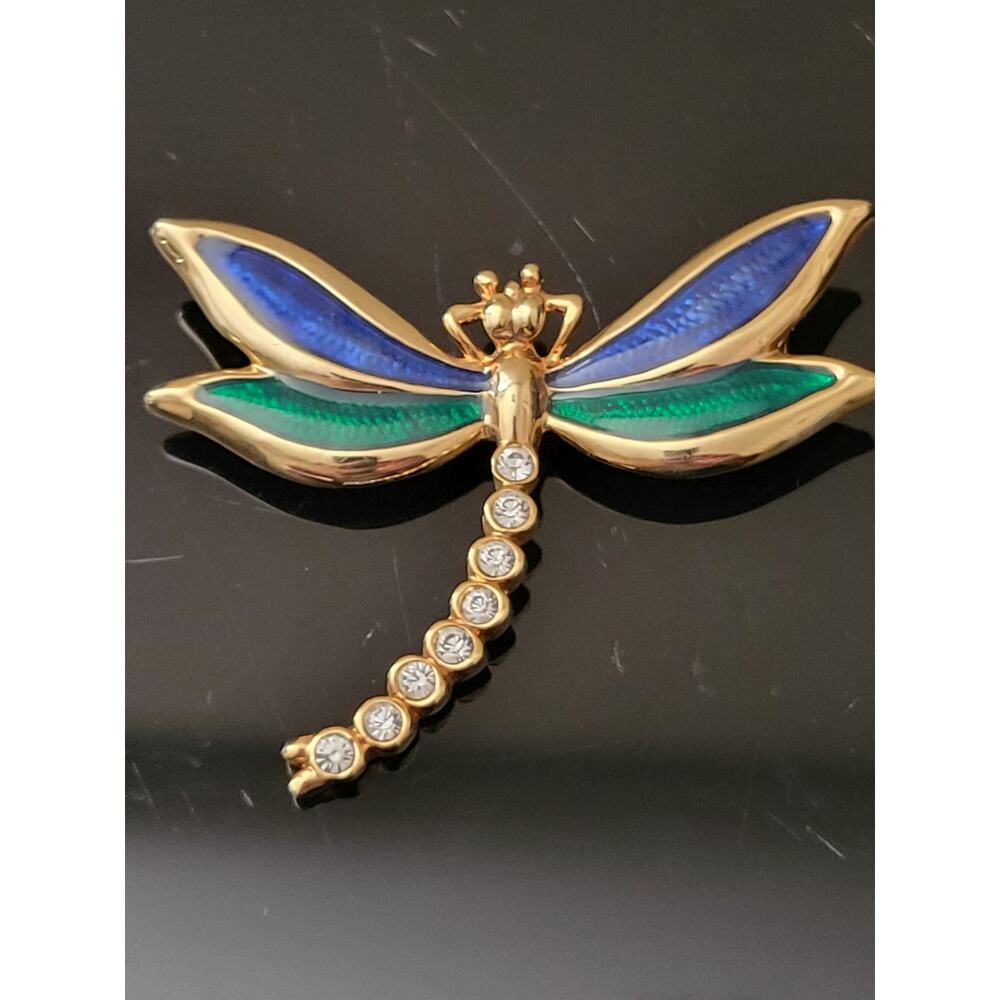 Dragonfly Pin Brooch Blue Green enamel on Wings Rhinestones on Tail Nice Quality